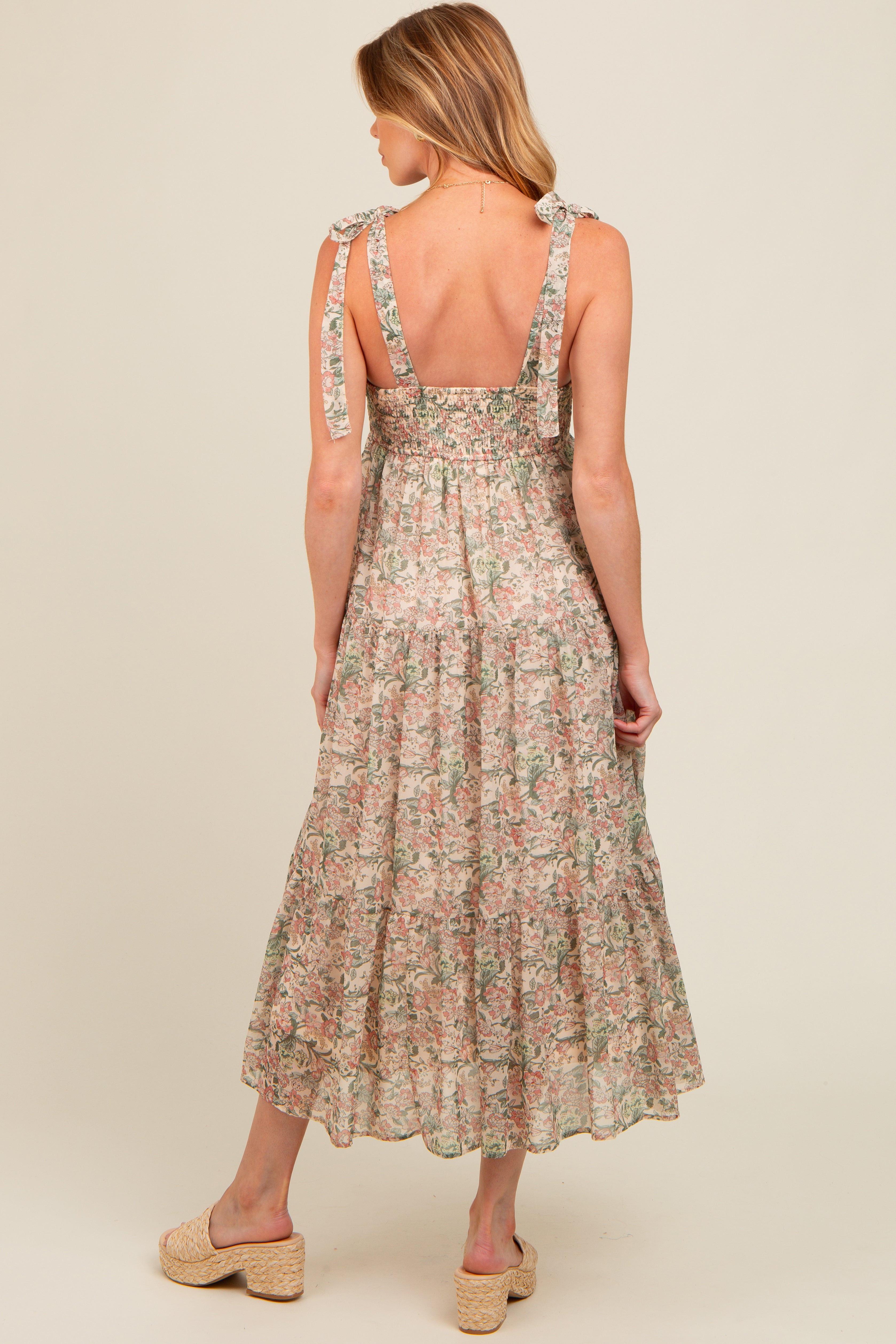 Cream Floral Shoulder Tie Tiered Maternity Maxi Dress