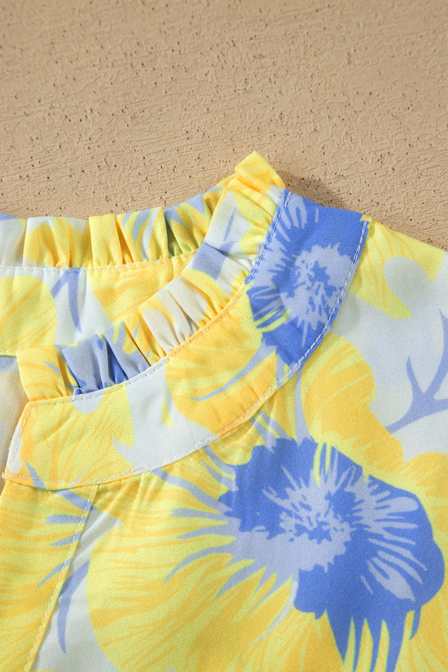 Yellow Floral Short Bubble Sleeve Summer Blouse