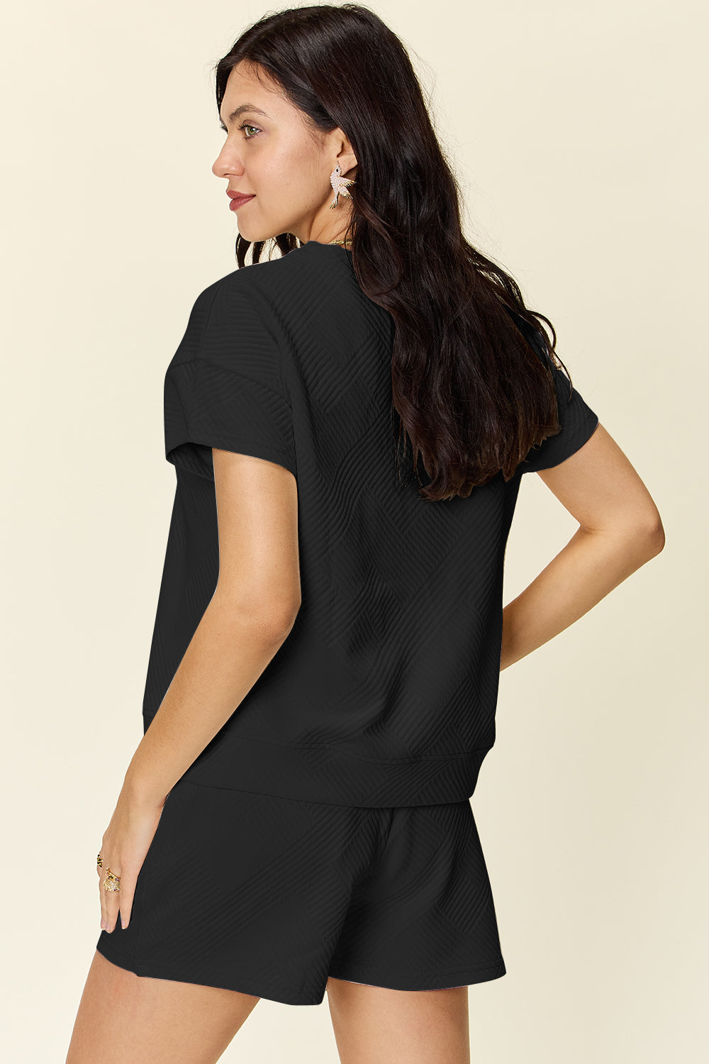 White Textured Drawstring Shorts and Relaxed Tee Lounge Set - Image 6