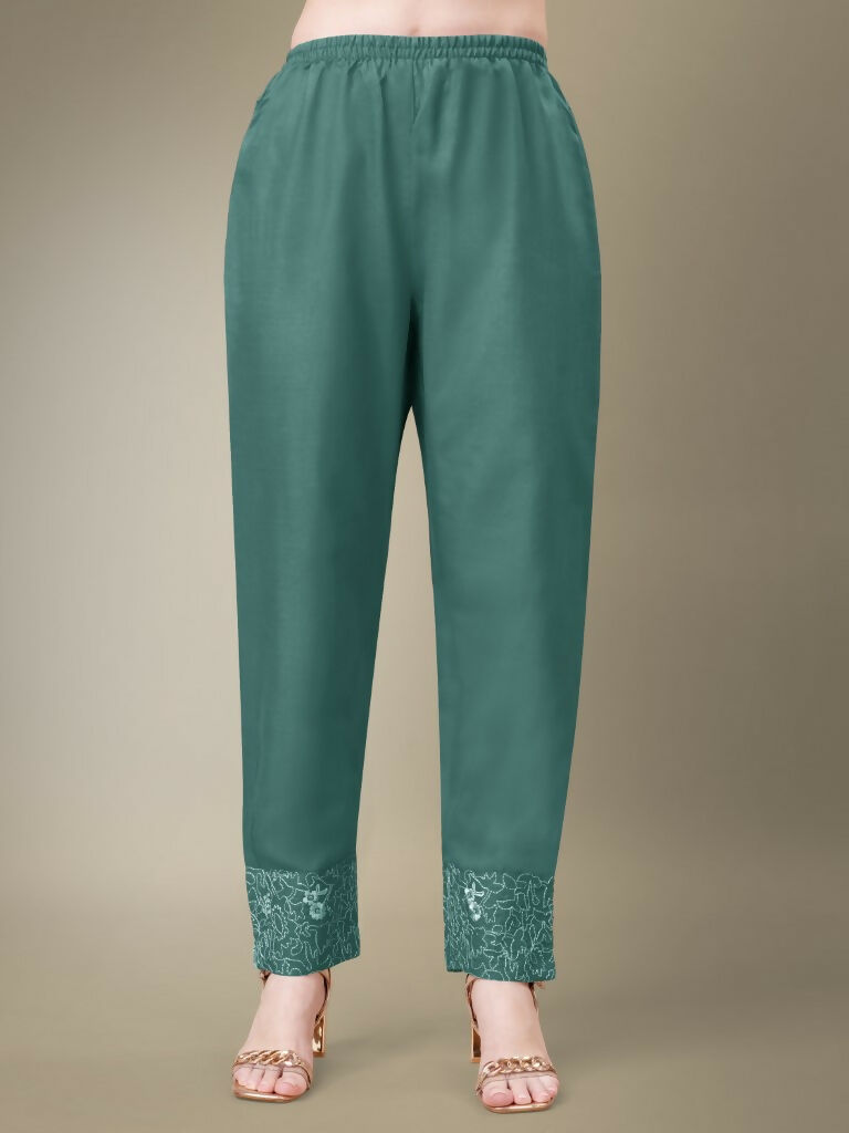 Women's Teal Cotton Blend Embroidered Kurta Set with Lace Work