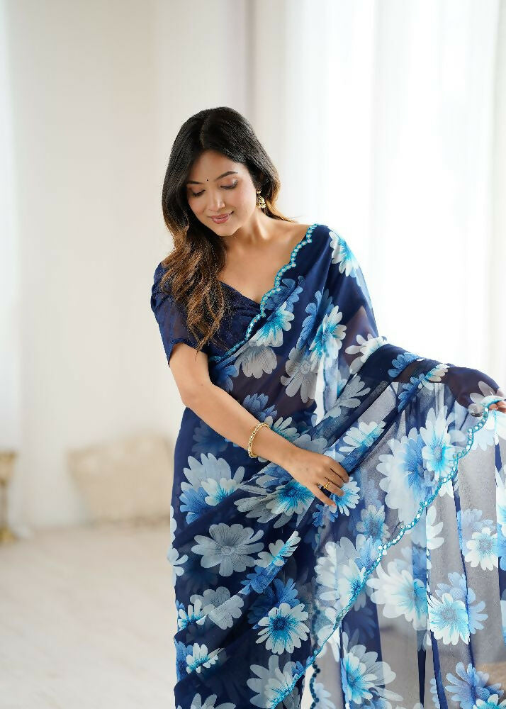 Blue Georgette Saree with Mirror Work and Matching Blouse