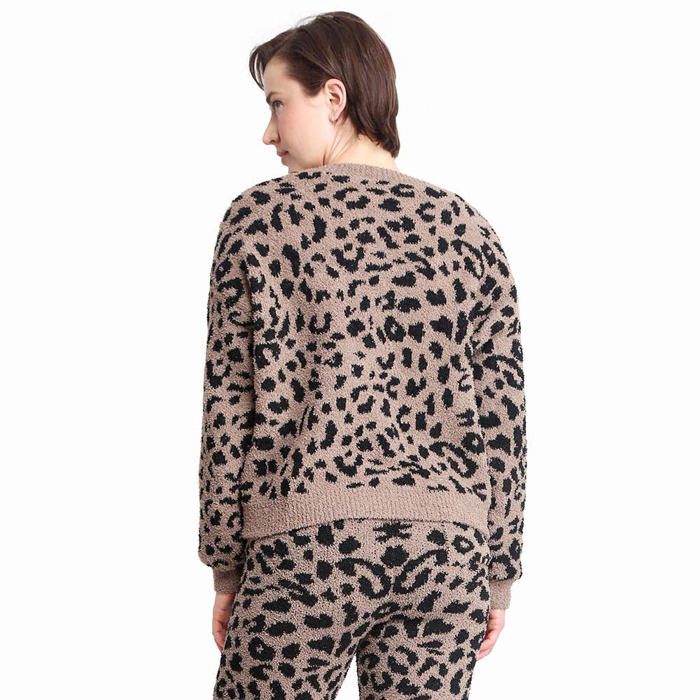 Leopard Patterned Soft Loungewear Sweater Top: Beige / L/XL
