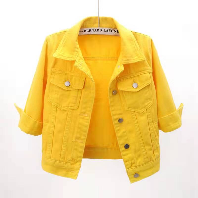 Women's Bright Yellow Cropped Button-Down Trucker Jacket - Image 2