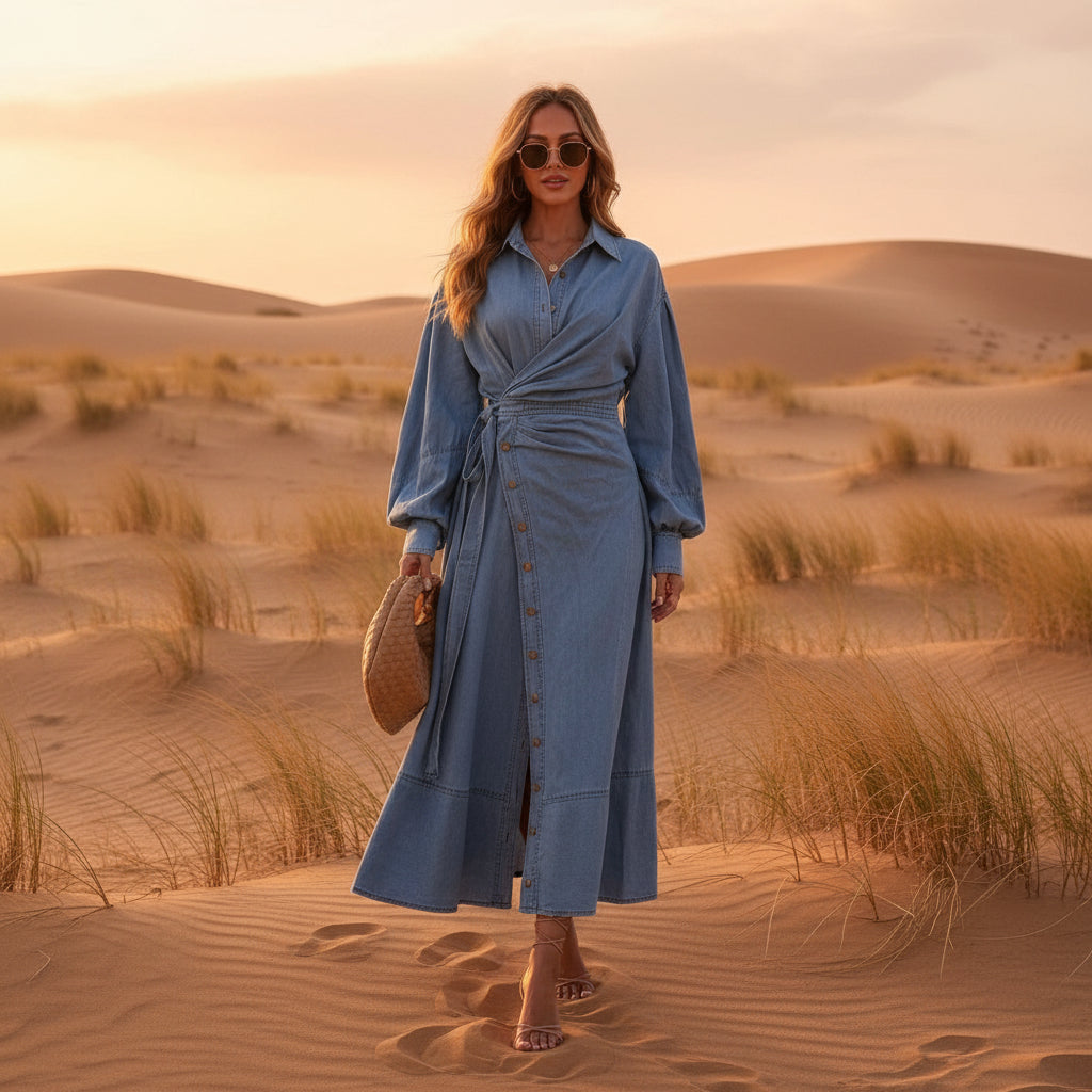 Women's Denim Puff Sleeve Shirt Dress with Belt