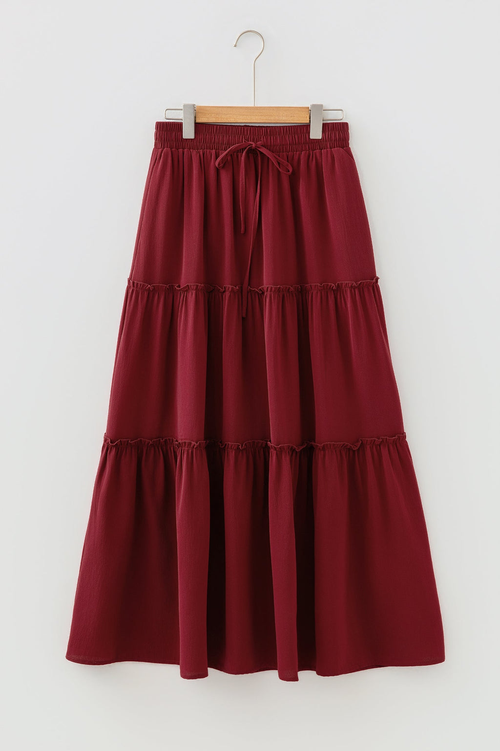 Fiery Red Black Frill Tiered Drawstring Waist Maxi Skirt