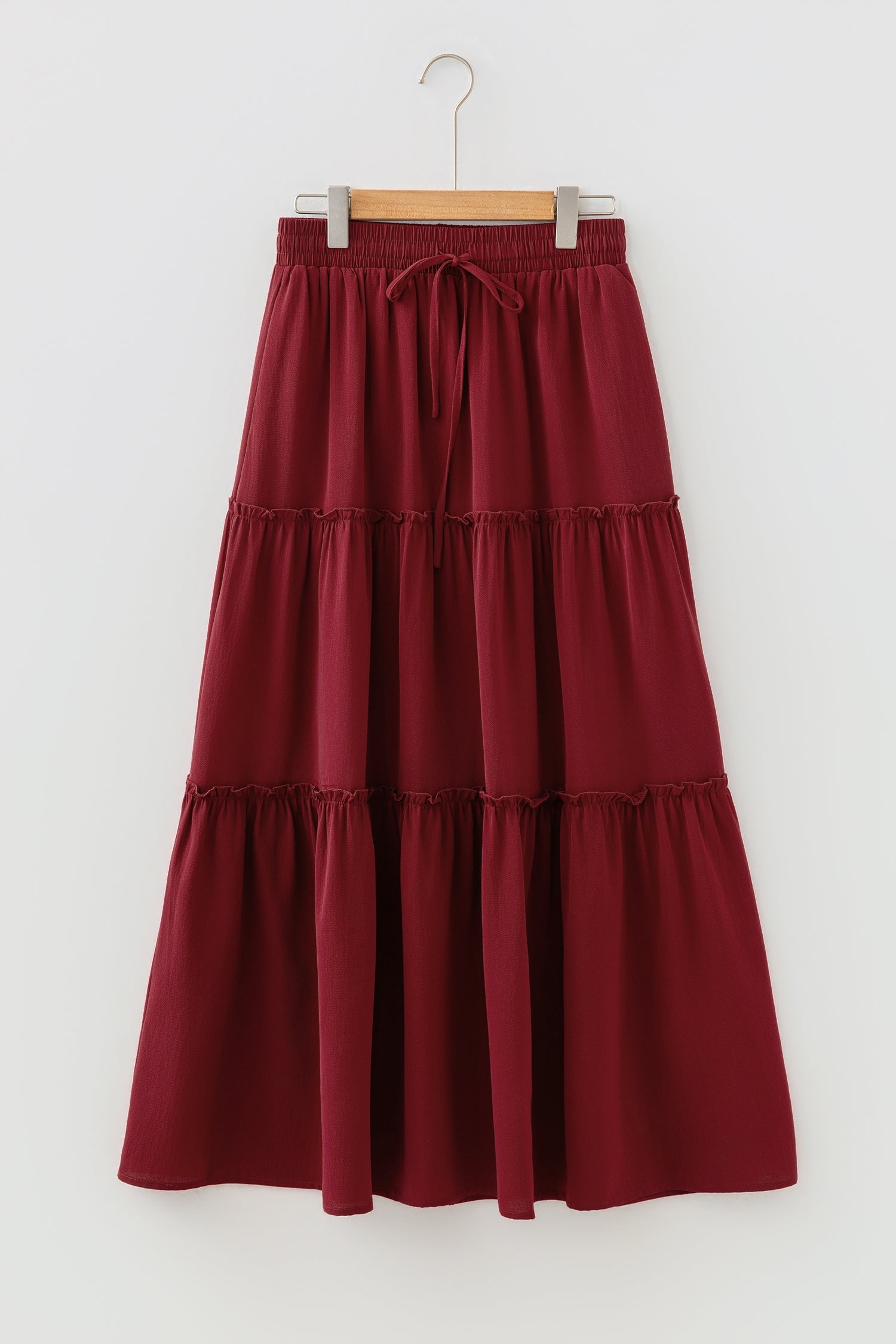 Fiery Red Black Frill Tiered Drawstring Waist Maxi Skirt