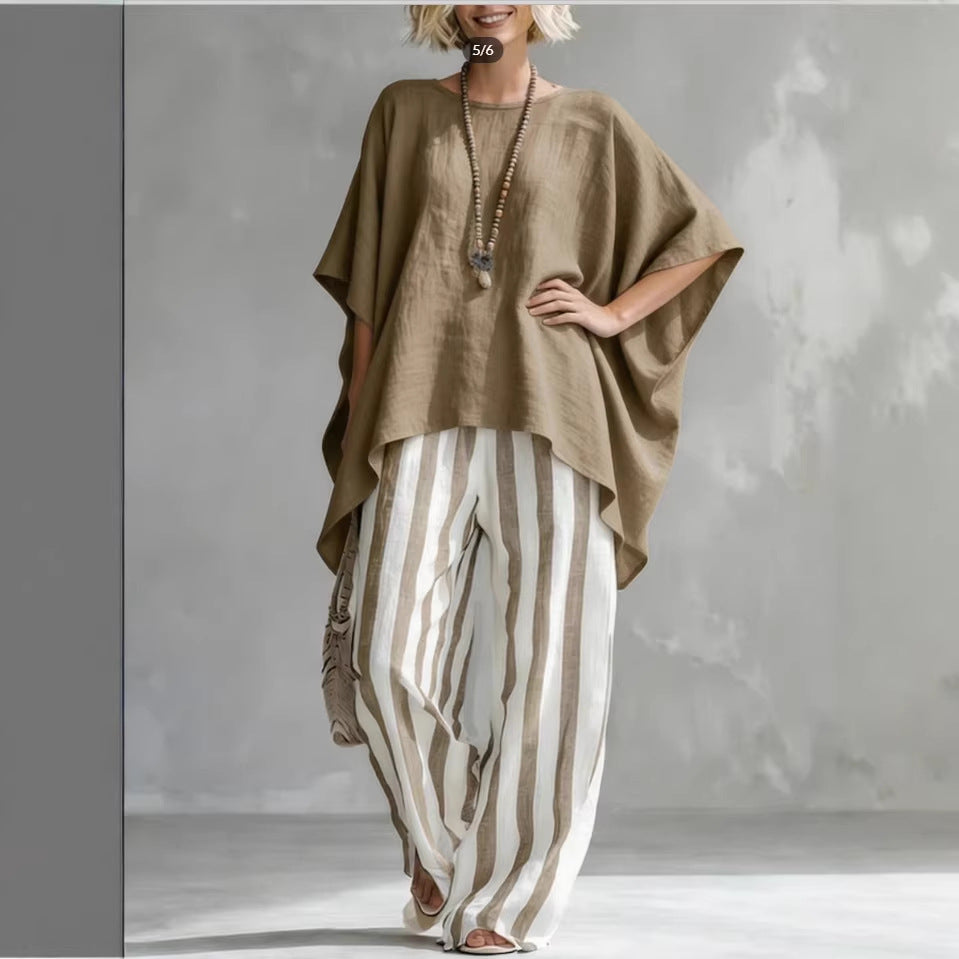 Women's Navy Batwing Top and Striped Linen Wide-Leg Pant Set - Image 5