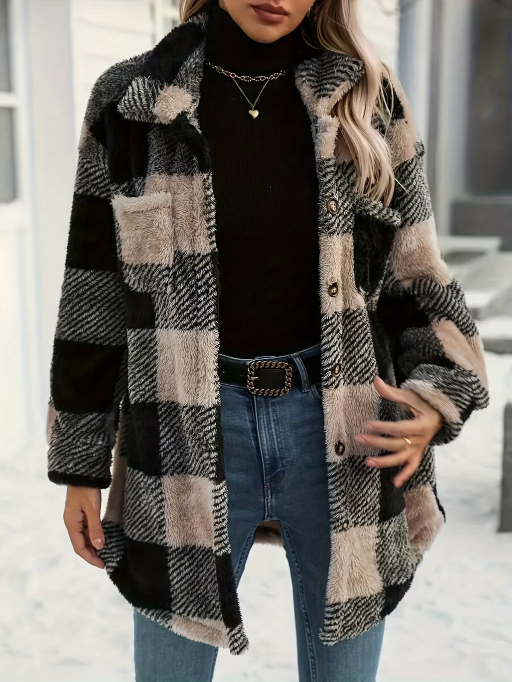 Oversized Plaid Teddy Coat with Collared Neck & Pockets