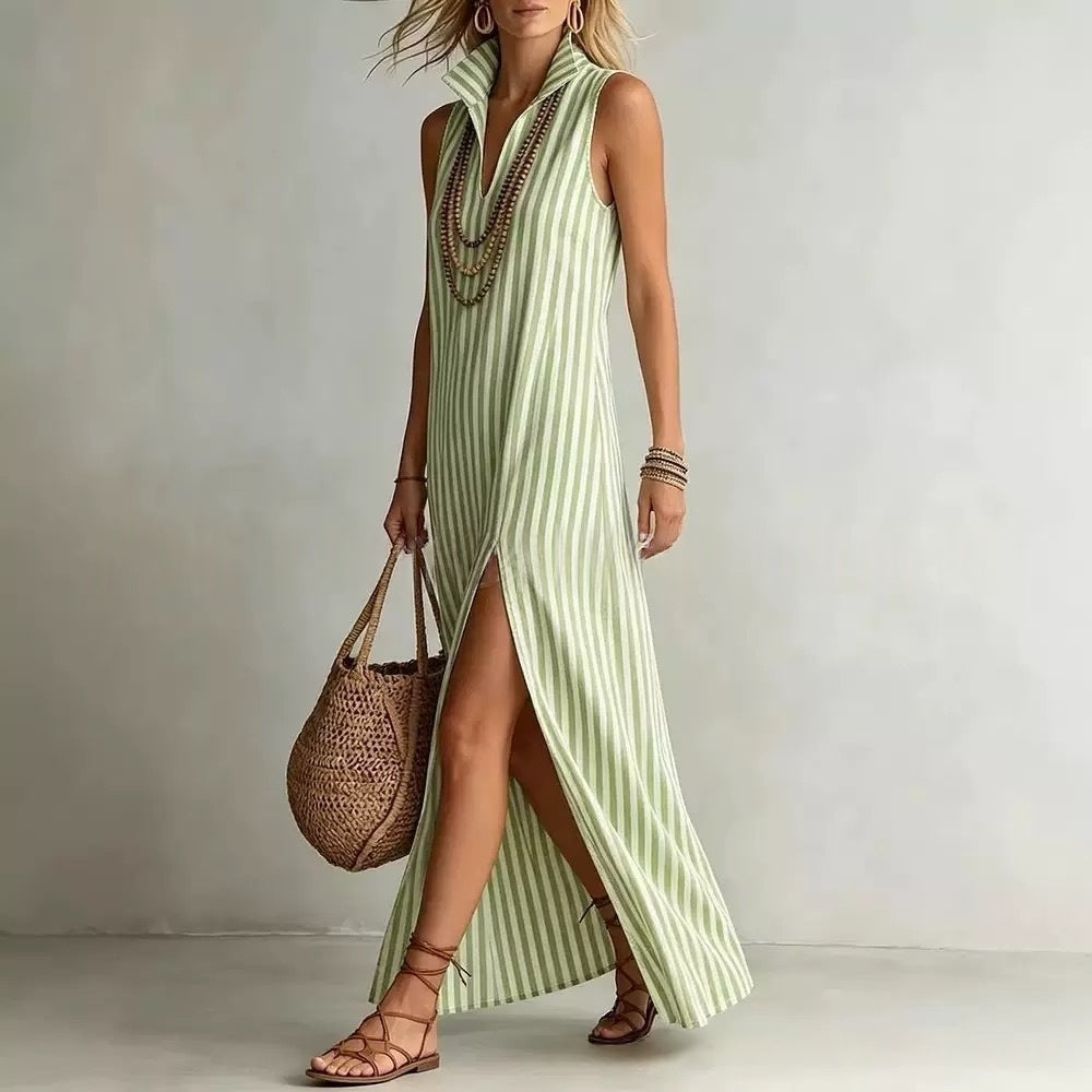 Striped Stand Collar Sleeveless Maxi Dress with Side Slit - Image 4
