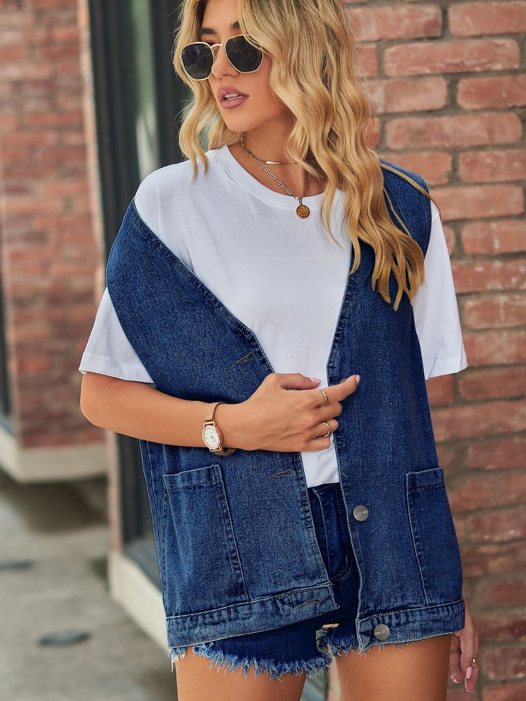 V-Neck Button Up Denim Vest | Rayon Blend