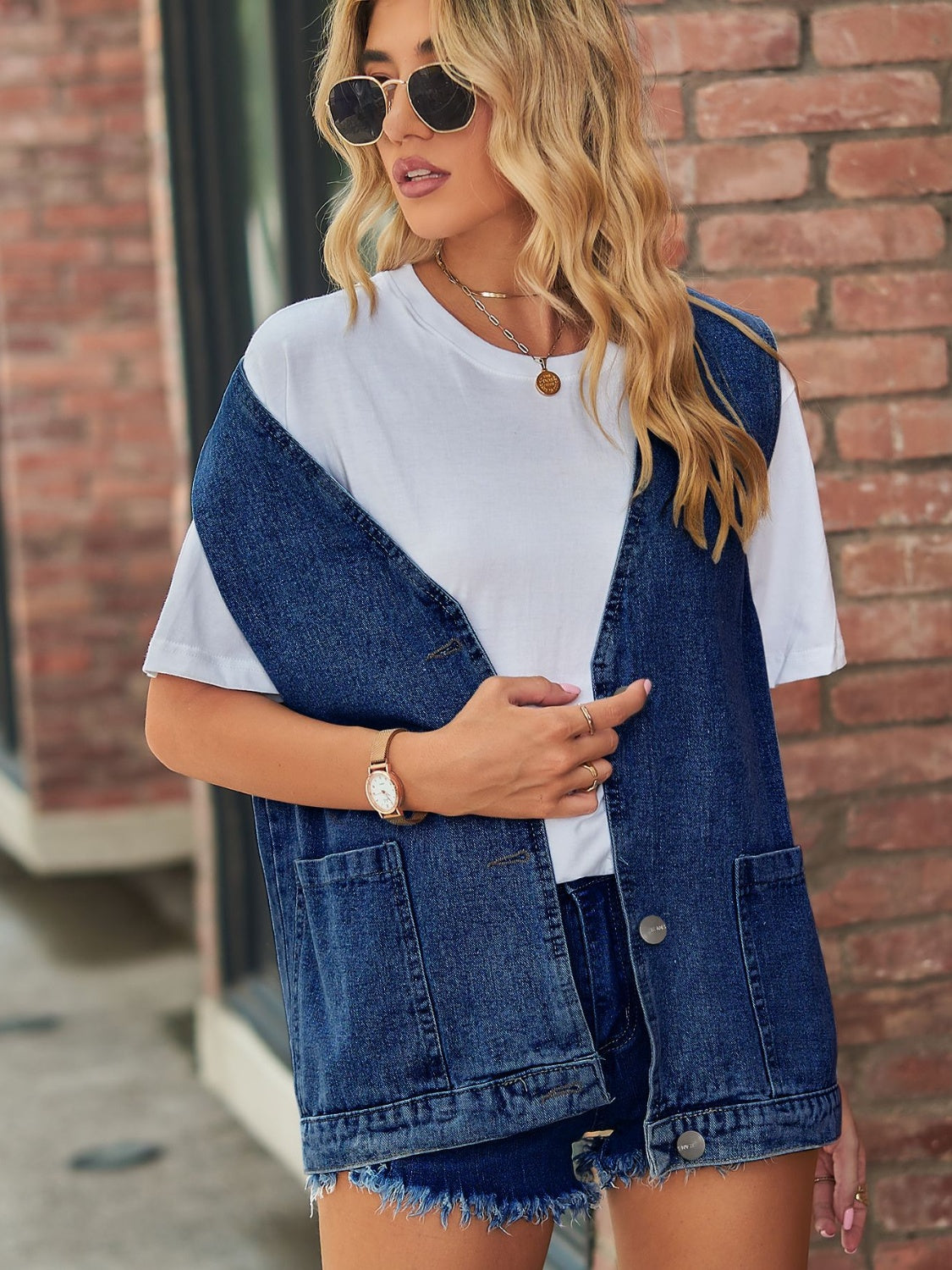 V-Neck Button Up Denim Vest | Rayon Blend