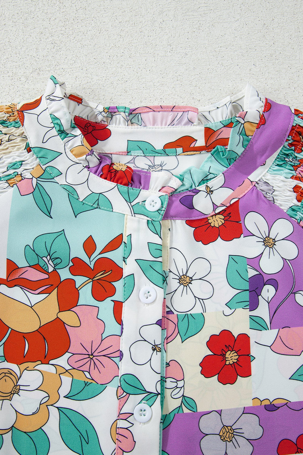 Pink Floral Patchwork Frilly Long Sleeve Shirt