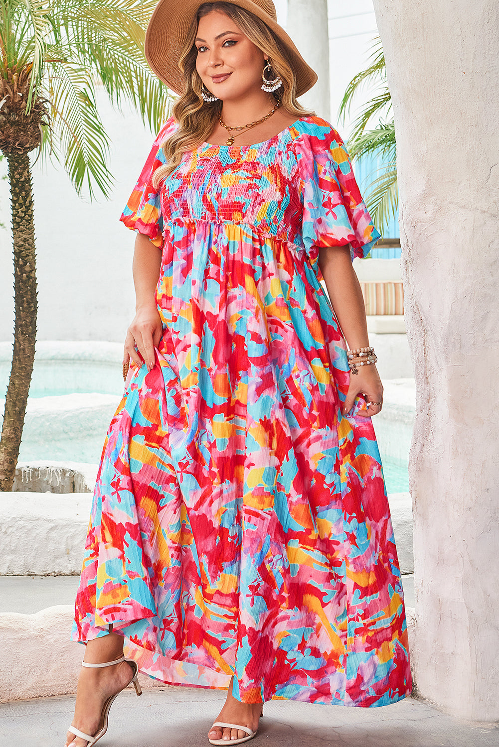 Rose Abstract Printed Puff Sleeve Square Neck Smocked Dress