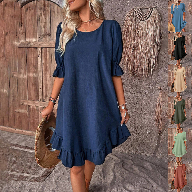 Women’s Bohemian Cotton Linen Ruffle Short-Sleeve Casual Summer Dress