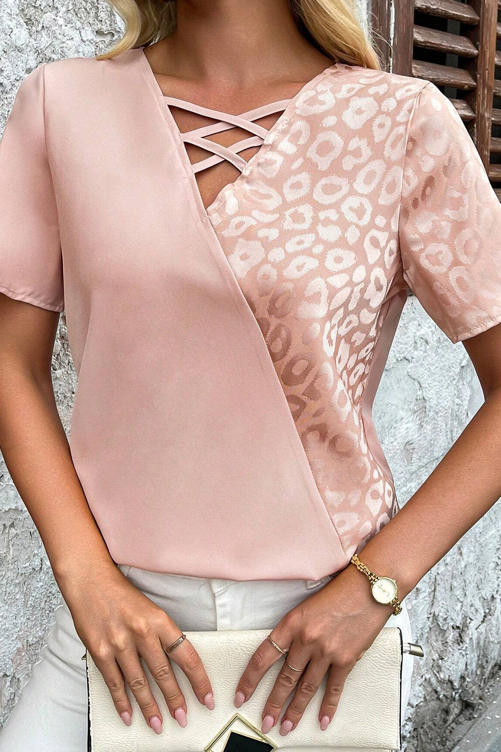Apricot Pink Leopard Patchwork Cross Strappy V-Neck Blouse