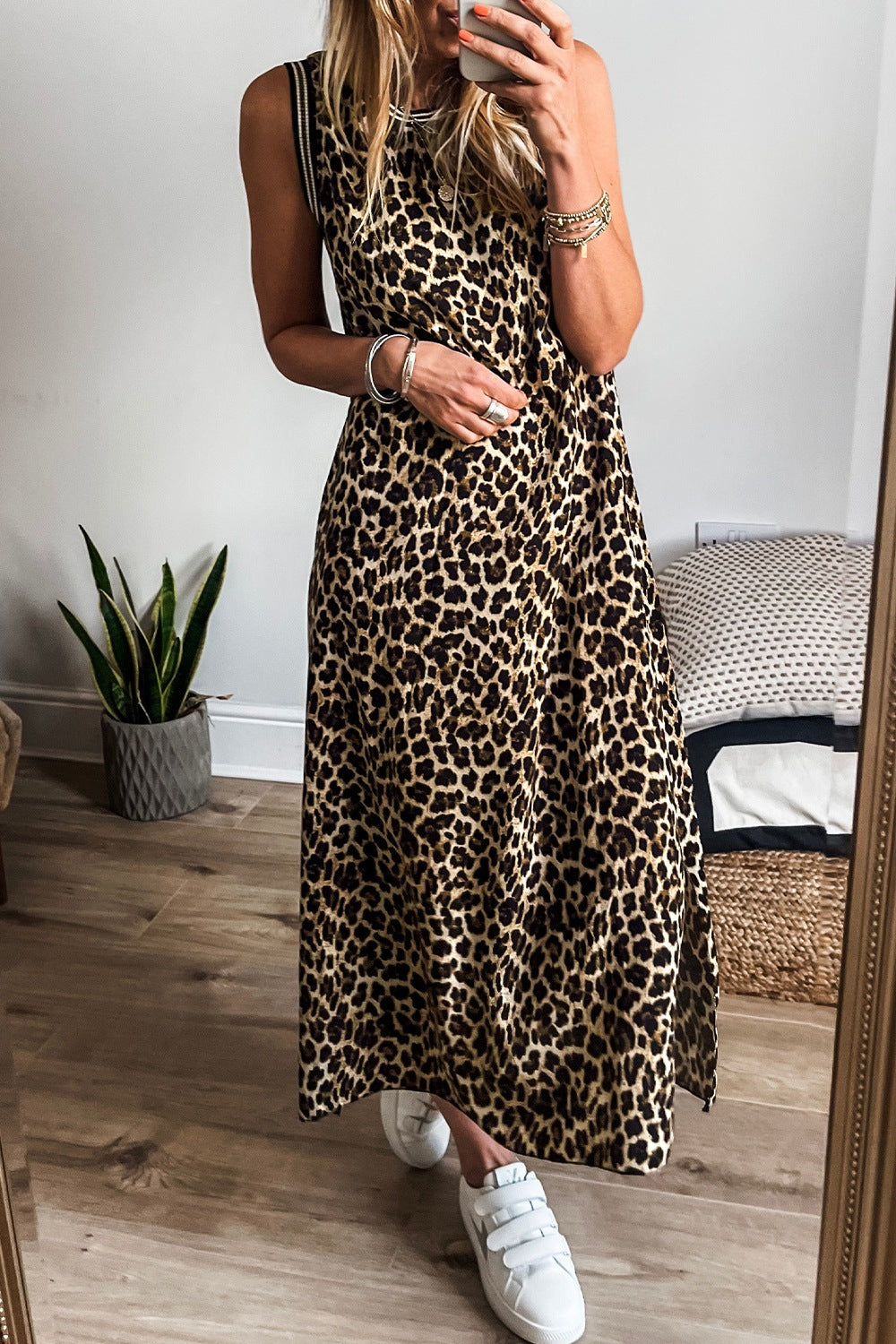 Sleeveless leopard print maxi dress in brown, black, and beige