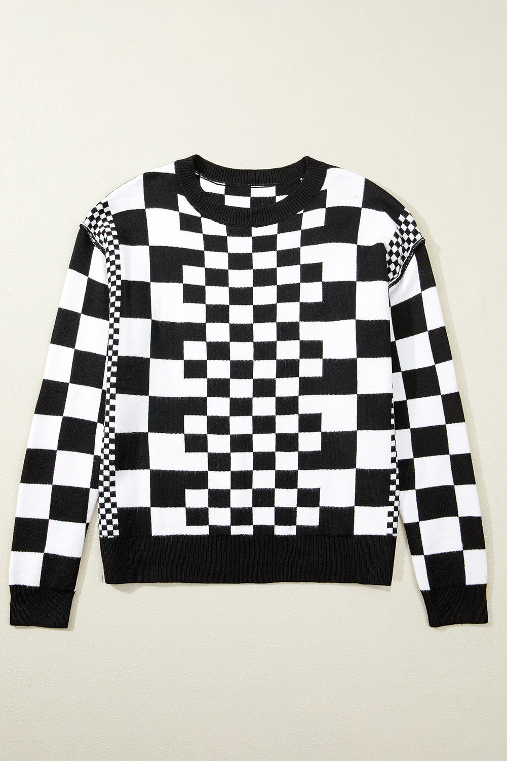 Checker Round Neck Drop Shoulder Sweater