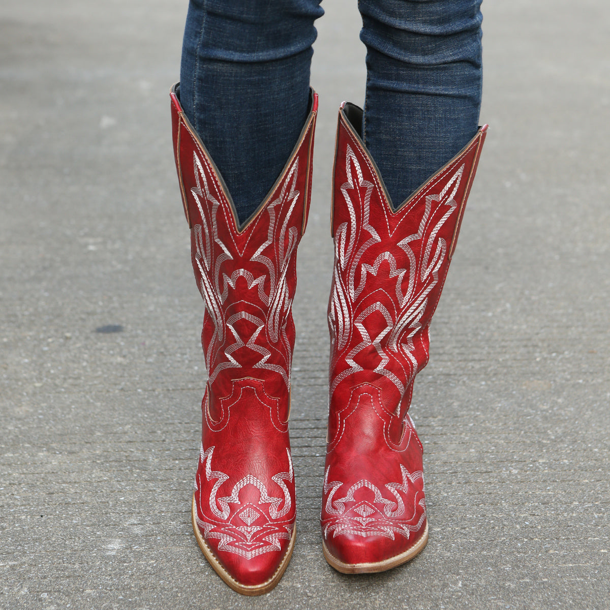 Women's Mid Calf Red Western Cowgirl Boots with White Embroidery - Image 10