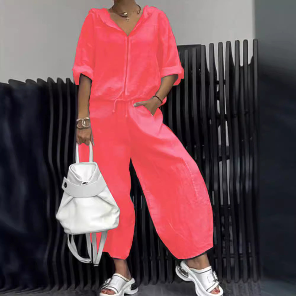 Women’s Cotton Linen Hooded Long Sleeve Top and Pants Set - Image 2