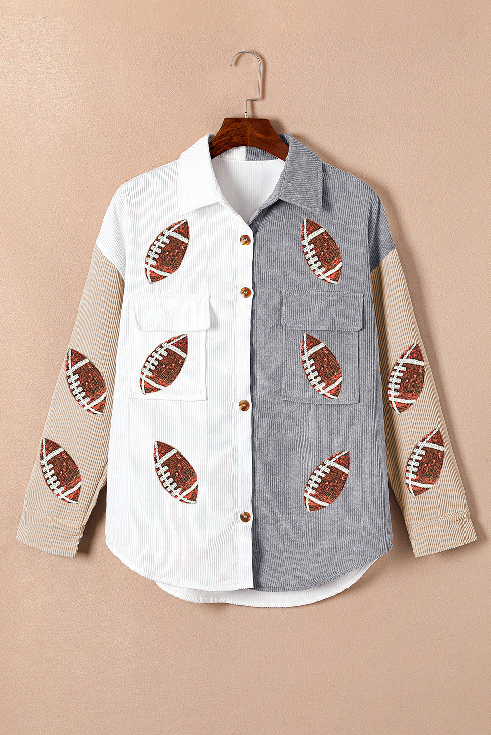 White Sequin Rugby Graphic Corduroy Shacket with Flap Pockets