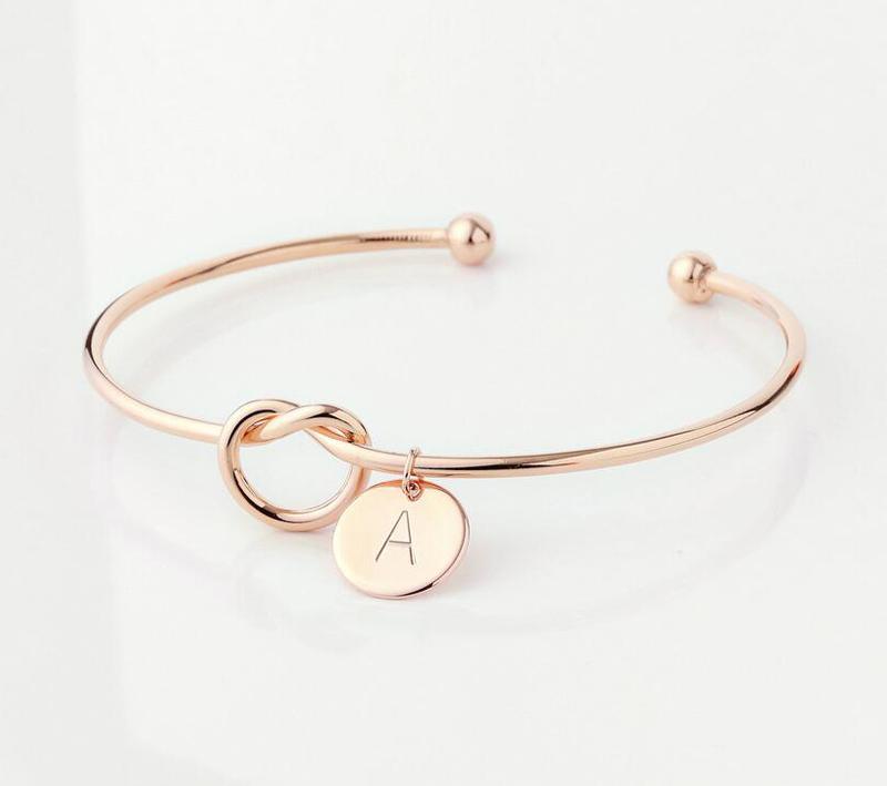 Personalized Initial Knot Bangle Bracelet with Heart Charm