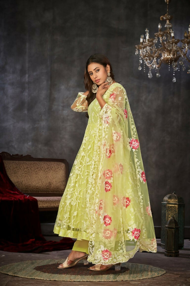 Women's Pista Net Embroidered Anarkali Kurta Pant Set
