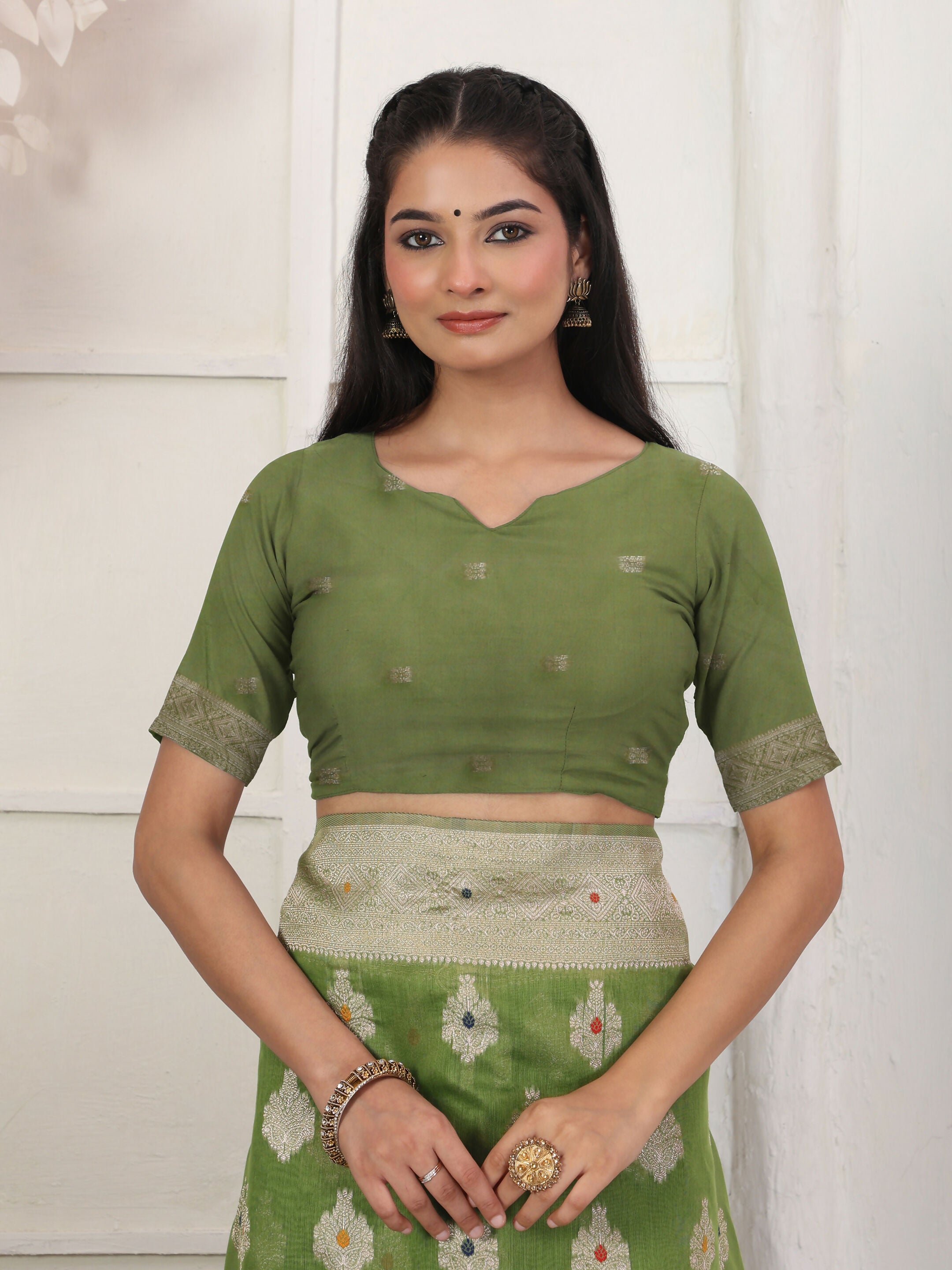Green Linen Cotton Saree with Matching Blouse