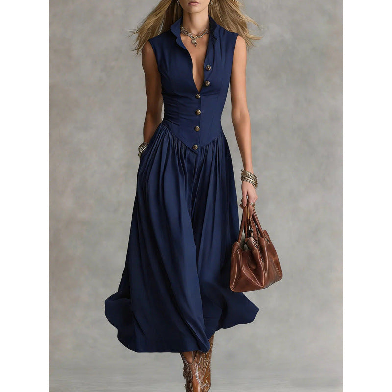 Women's Sleeveless Button-Down Maxi Dress with Lapel Collar - Image 6