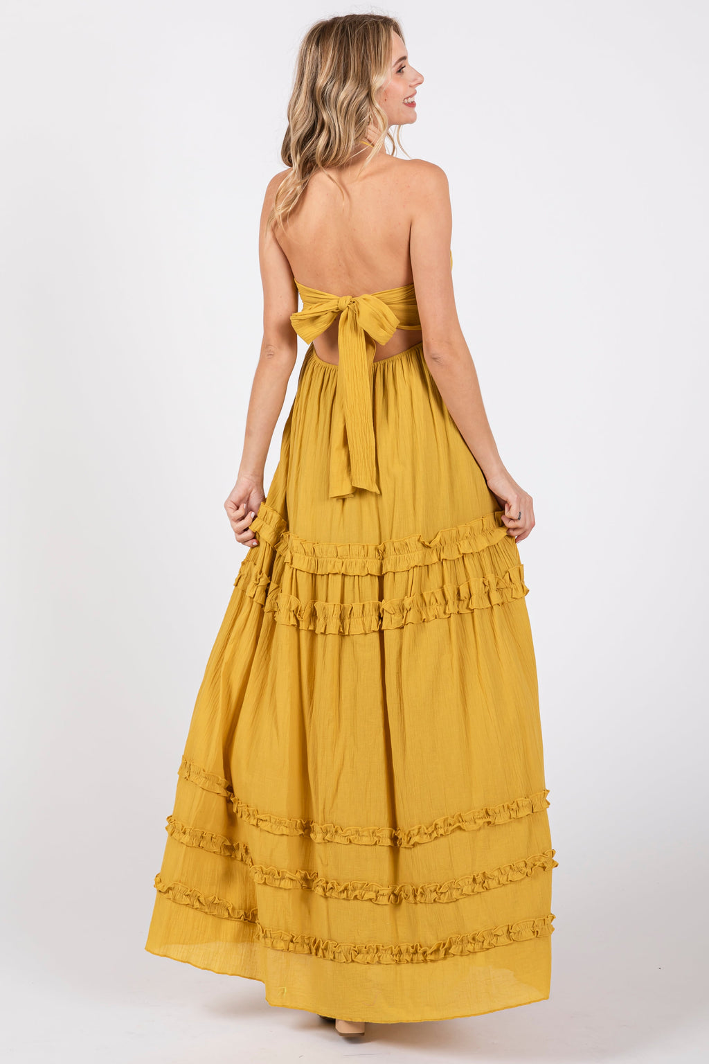 Yellow Ruffle Ruched Deep V-Neck Maxi Dress with Halter Strap