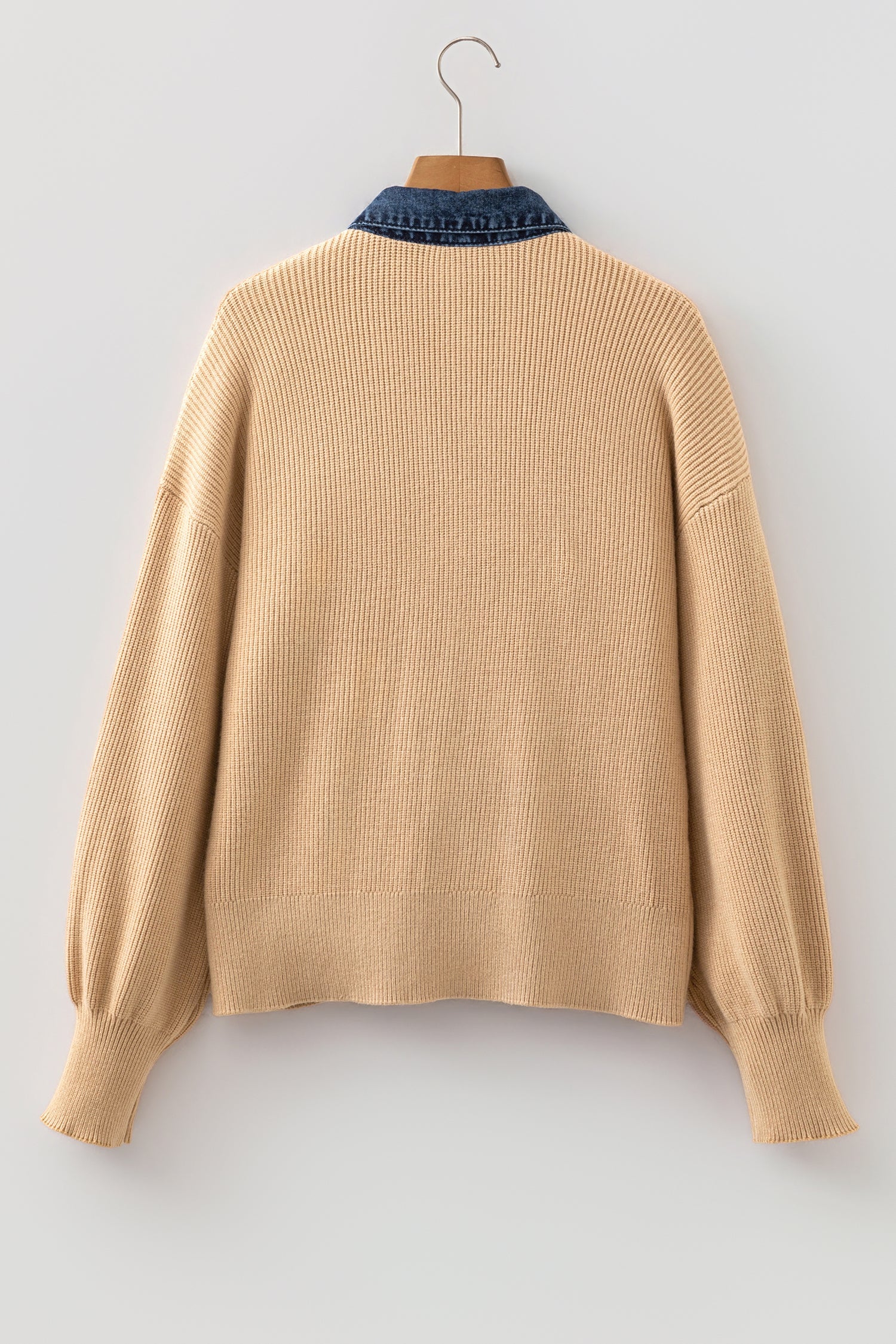 Denim Patchwork Collar Ribbed Knit Buttoned Cardigan