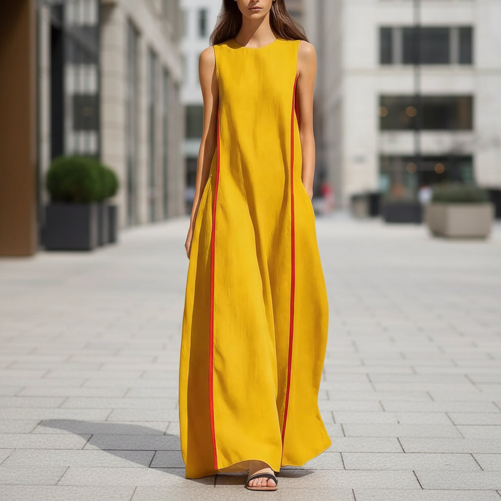 Women's Sleeveless Linen Blend Maxi Dress with Side Stripe Detail - Image 5