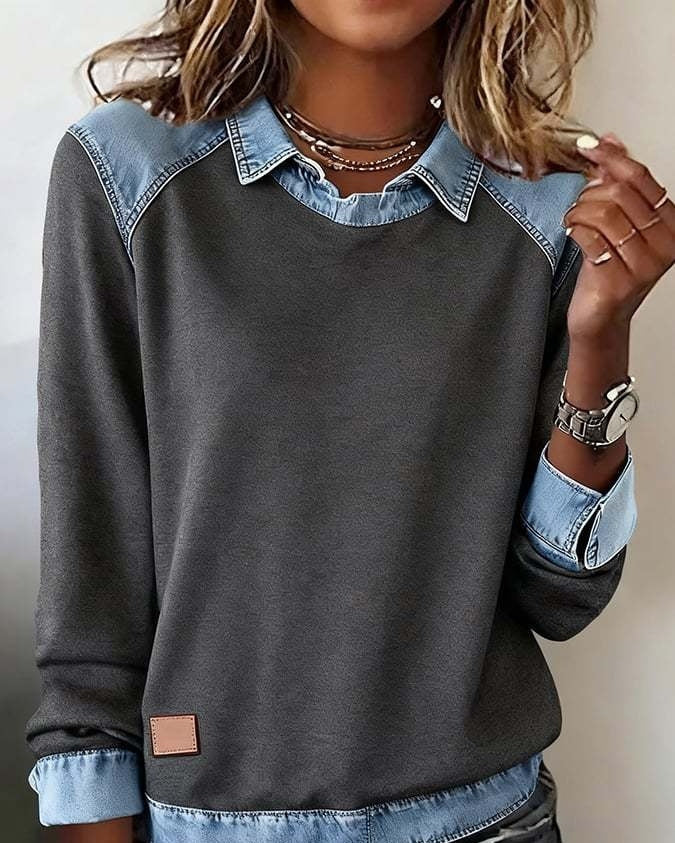Denim Collar Patchwork Knit Pullover – Women’s Street Style Top