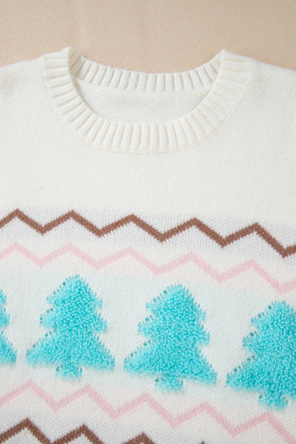 White Tree Pattern Drop Shoulder Sweater with Ribbed Trim