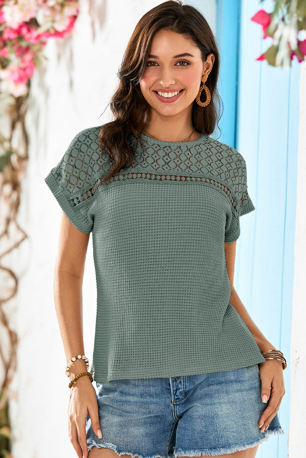 Oatmeal Hollow Patchwork Waffle Knit Top