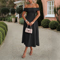 Off-Shoulder A-Line Midi Dress in Romantic Pink and Navy Blue