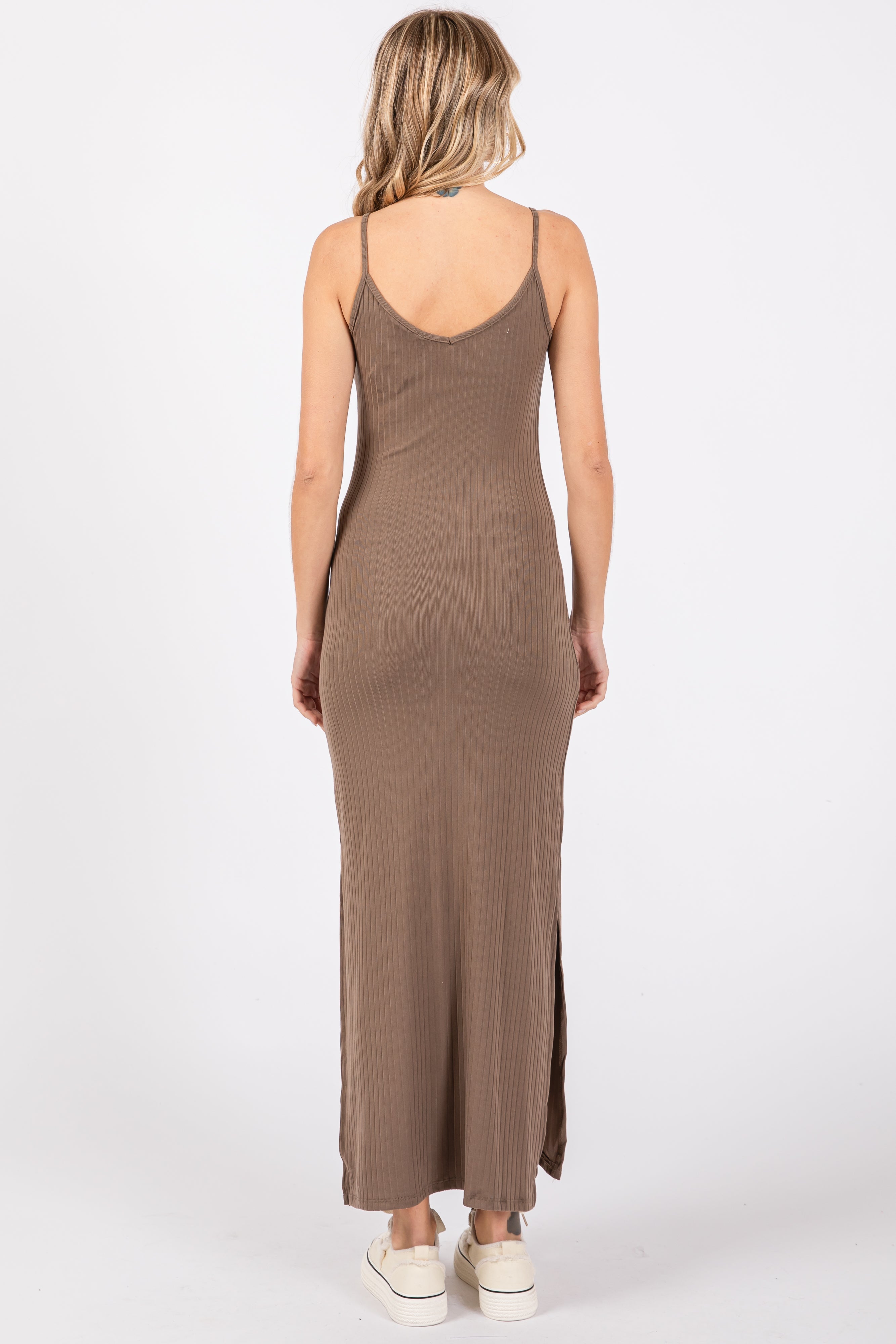 Taupe Ribbed Side Slit Maxi Dress