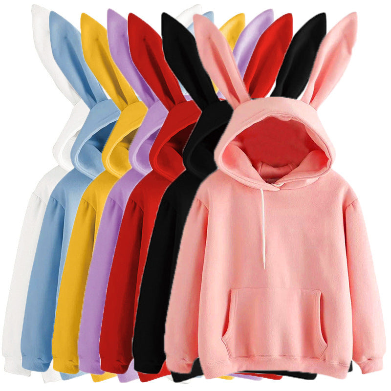 Women's Harajuku style hooded sweatshirt with playful rabbit ears in multiple colors including pink, red, black, yellow, white, blue, and purple.