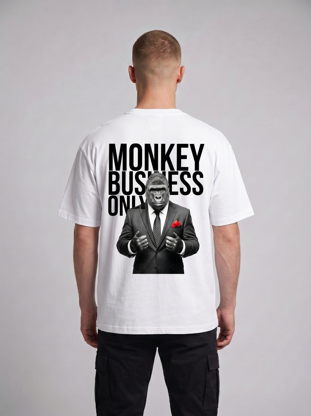 Oversized graphic t-shirt featuring a sharp-dressed gorilla in a red pocket square