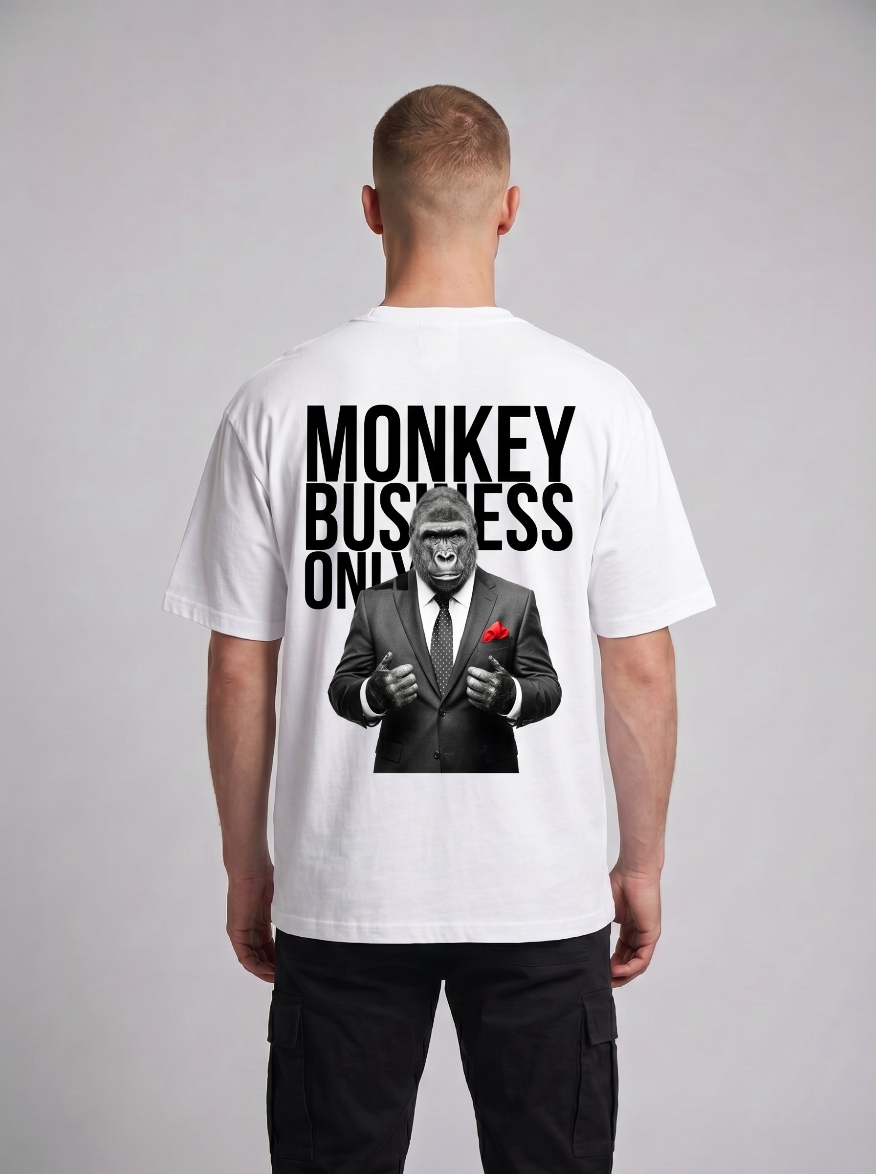 Oversized graphic t-shirt featuring a sharp-dressed gorilla in a red pocket square