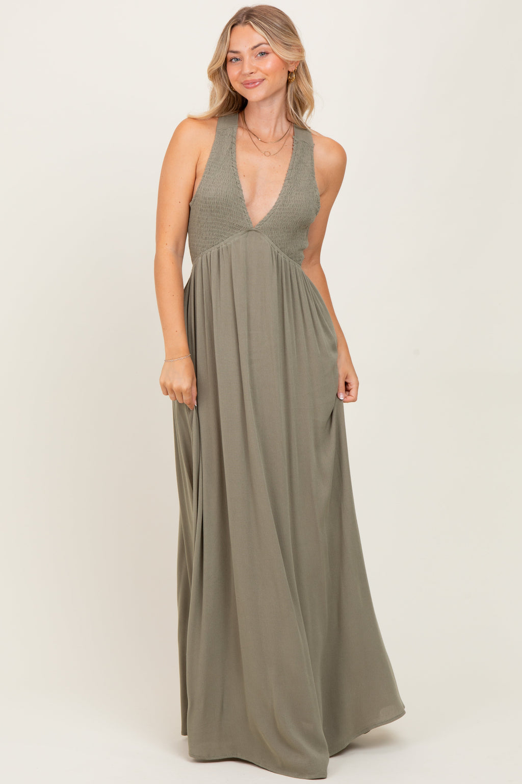 Olive Deep V-Neck Cross Back Maternity Maxi Dress