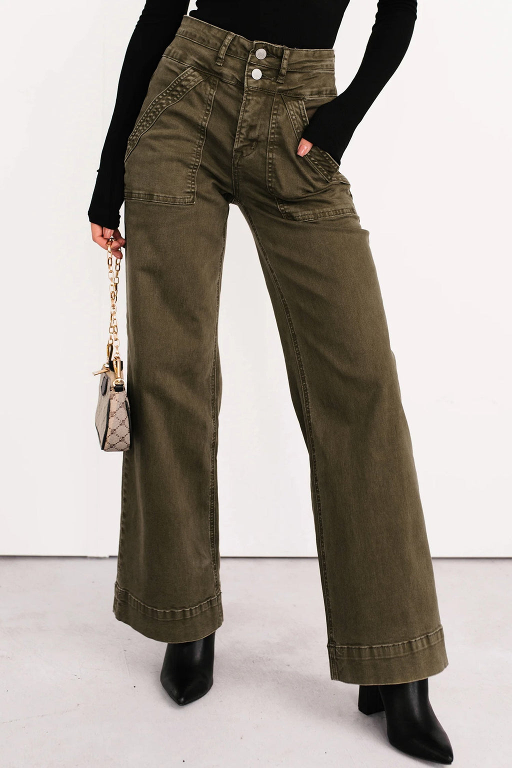 112 Jungle Green Double Waistband Loose Straight Jeans
