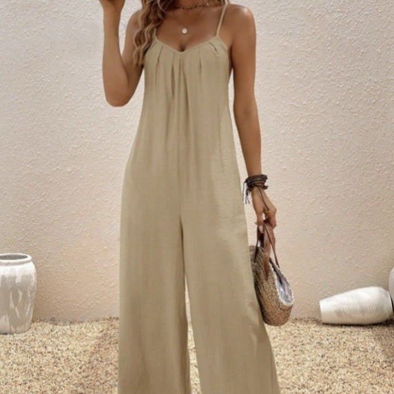 Khaki Relaxed-Fit Sleeveless Jumpsuit with Adjustable Straps