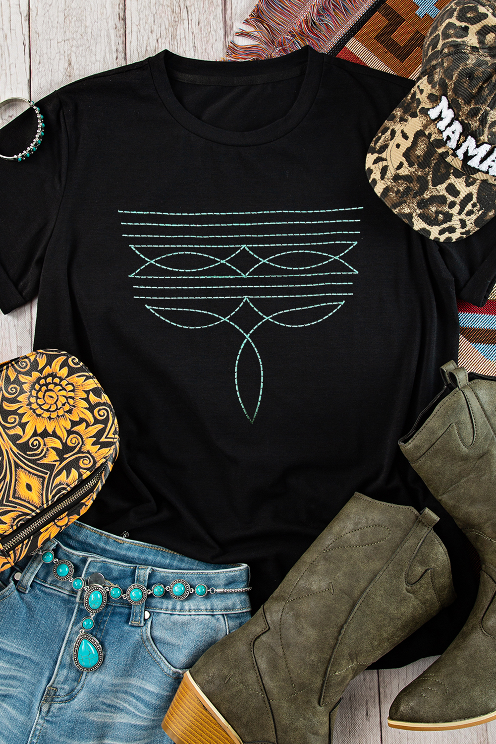 Black Western Geometric Embroidered T-Shirt