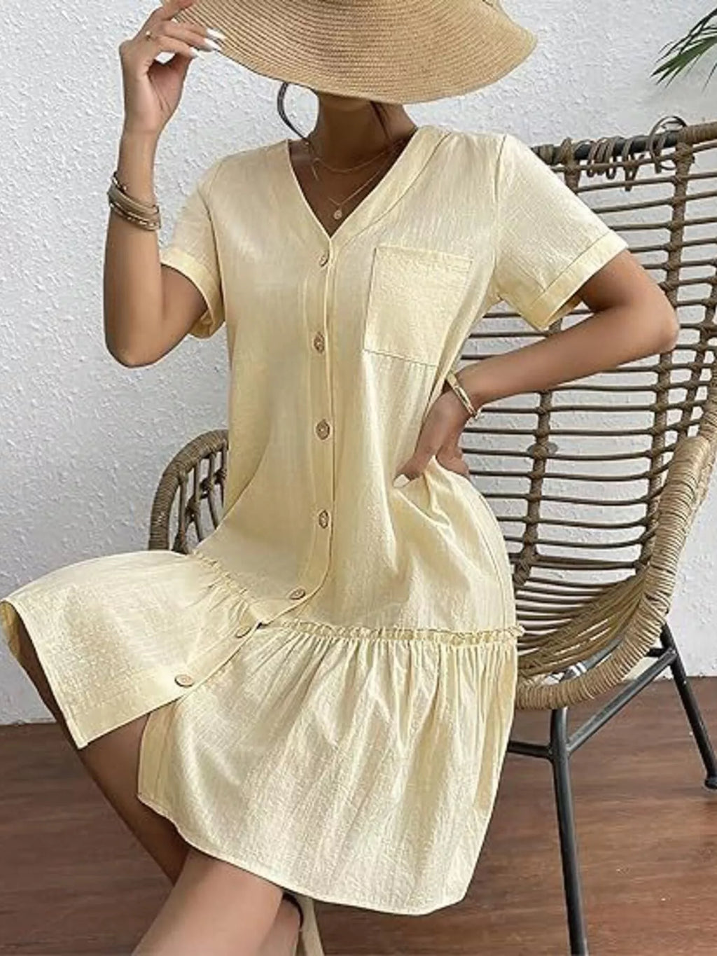 Full Size Button-Front Short Sleeve Tiered Dress Plus Size