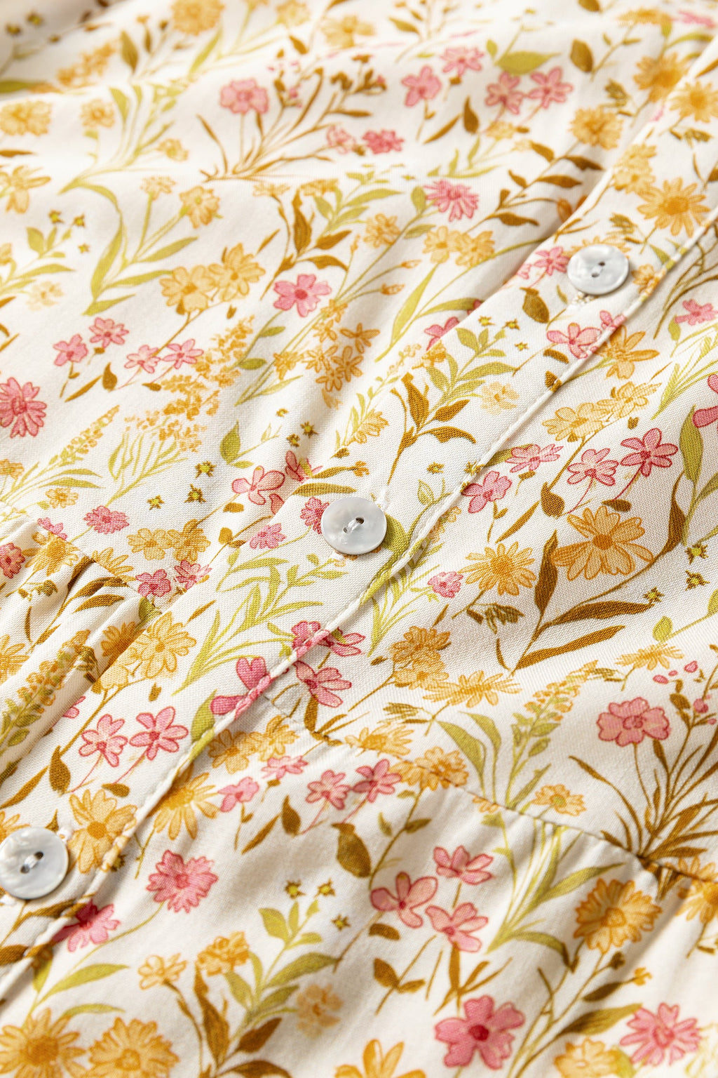 Yellow Floral Print Frilly Trim Smocked Cuff Long Sleeve Shirt Dress