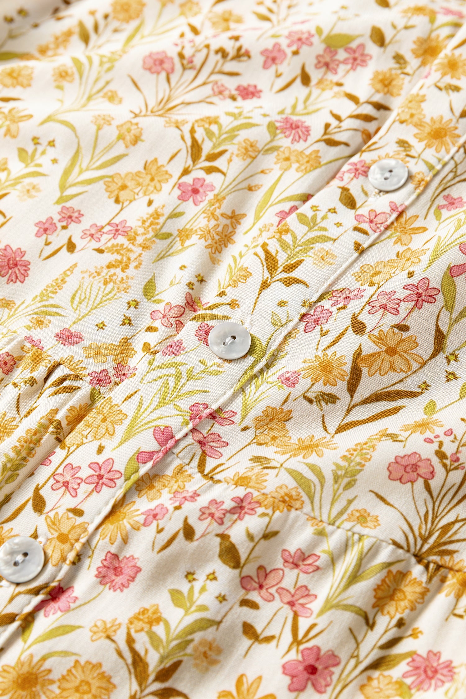 Yellow Floral Print Frilly Trim Smocked Cuff Long Sleeve Shirt Dress