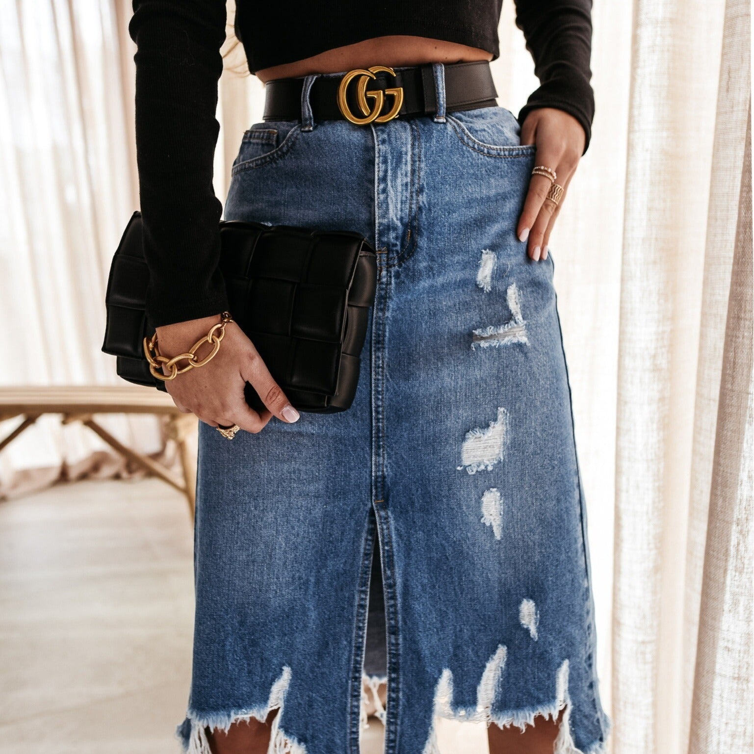 Women's Ripped Denim Midi Skirt with Distressed Tassel Hem - Image 4