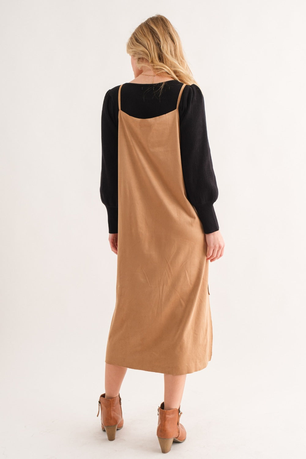 Tan Faux Suede Cami Midi Dress with Slit Detail