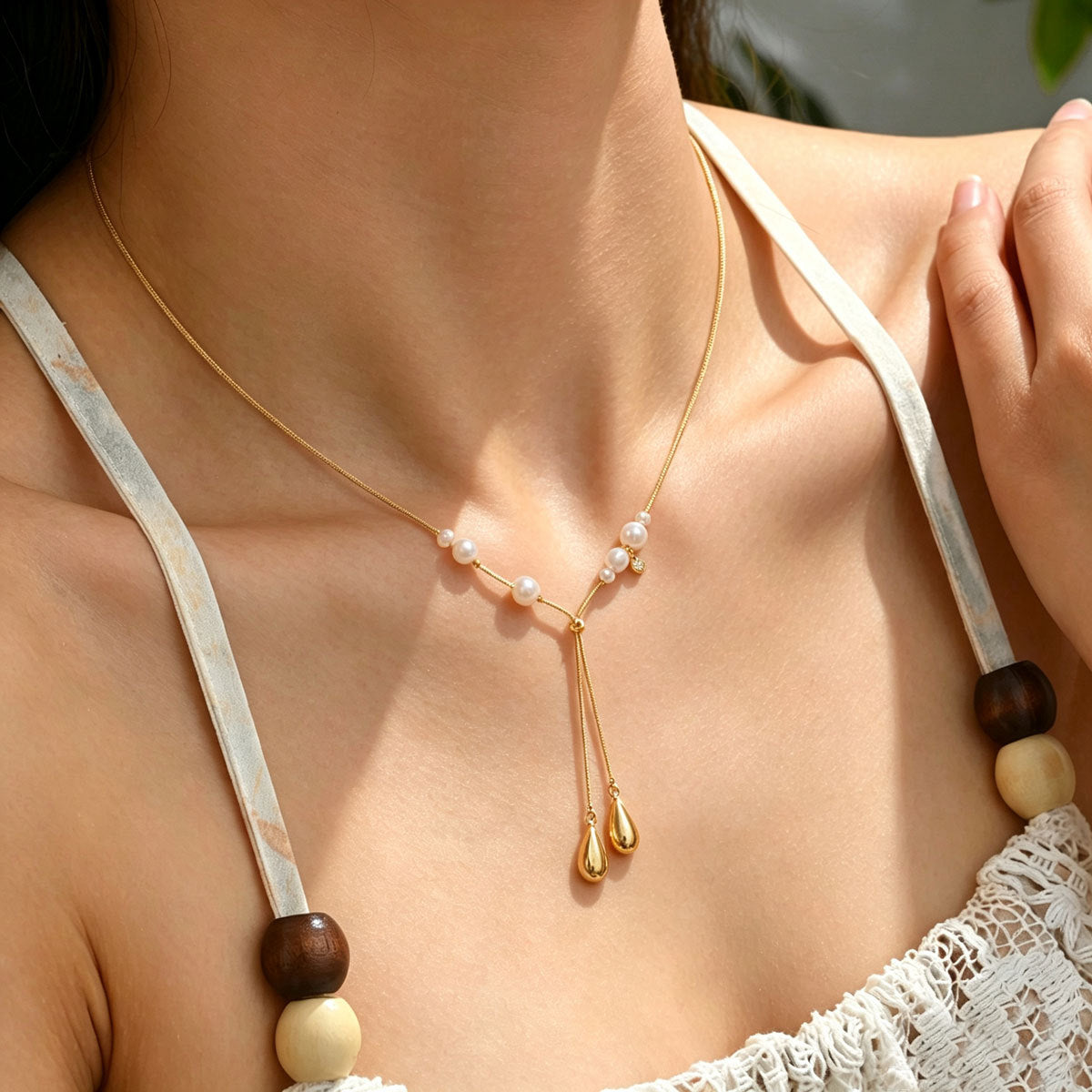 Women Dainty Snake Chain Y Lariat Faux Pearl Teardrop Drop Necklace, PVD Gold Plated Adjustable Layering Choker For Daily Wedding Gift