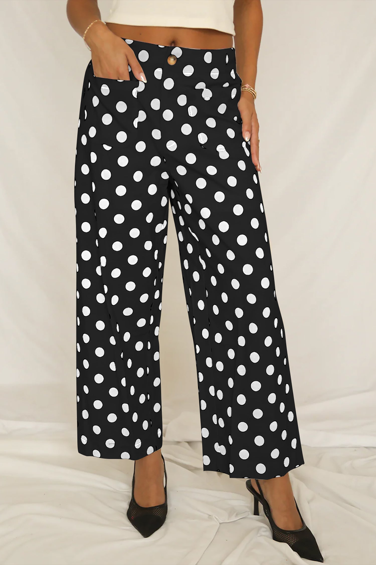 White Polka Dot Loose Wide Leg Pants with Patched Pockets